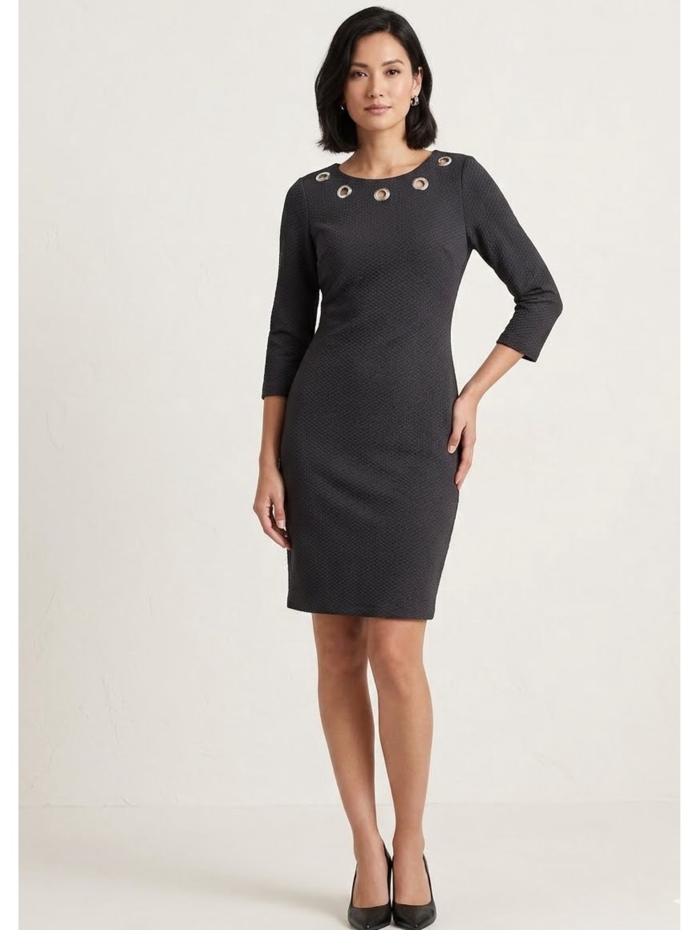 Frank Lyman Black 3/4 Sleeve Grommet Detail Sheath Dress Modern Edge Size 12